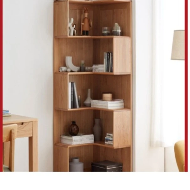 源氏木语实木书架现代简约落地储物柜墙角置物柜北欧客厅转角书柜