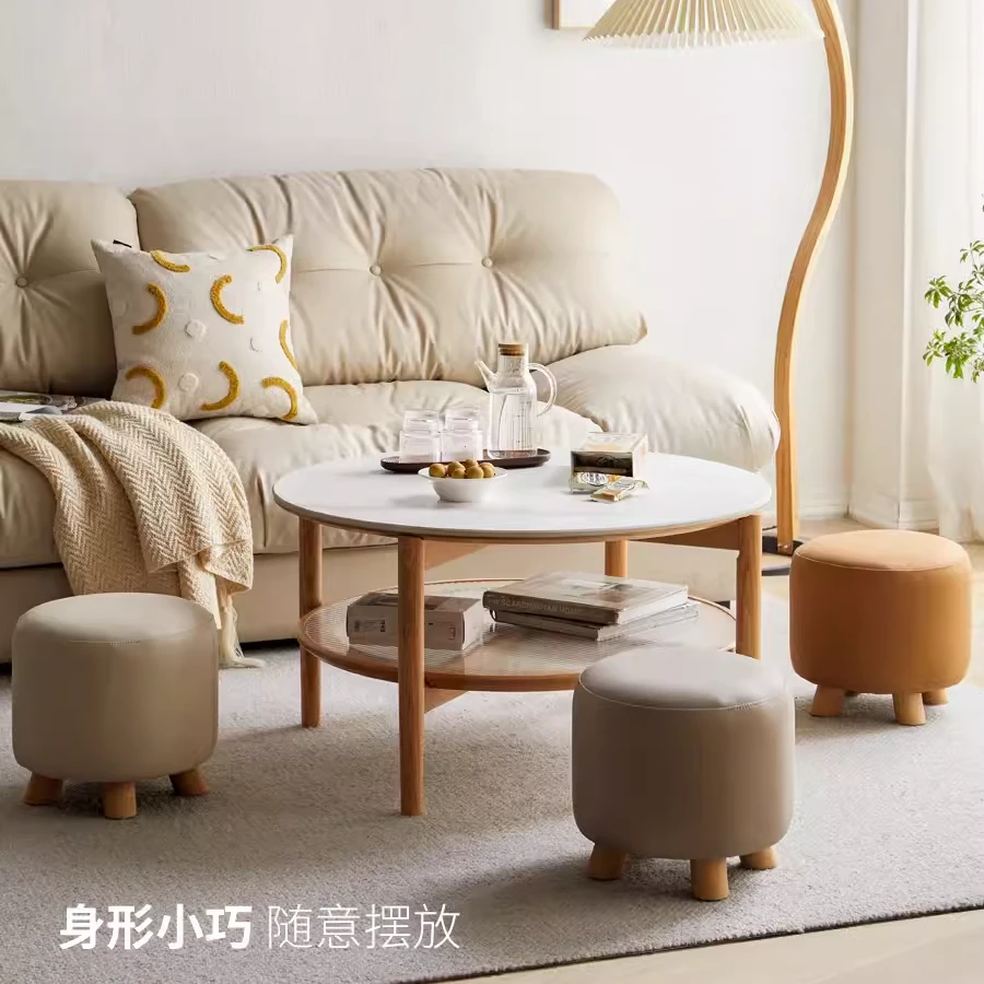 源氏木语实木凳子现代简约餐凳客厅门口换鞋凳家用科技布舒适圆凳
