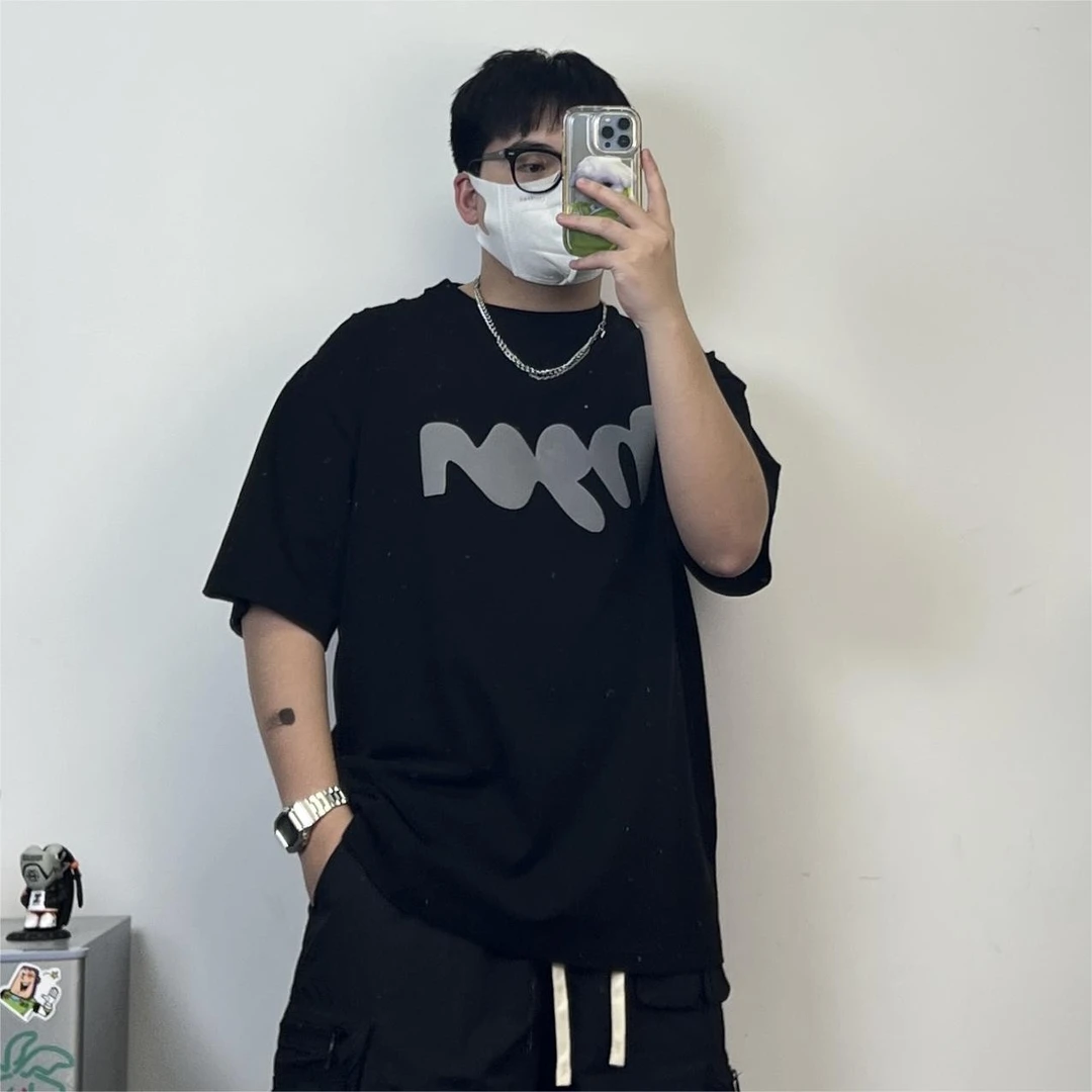 斌斌梨美式复古短袖上衣宽松休闲简约抽象字母夏重磅310g圆领T恤