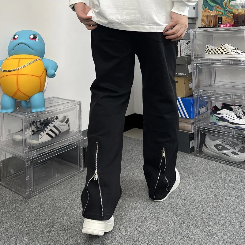 斌斌不冰高街美式夏季微喇洗水拉链复古直筒宽松黑色男牛仔裤子