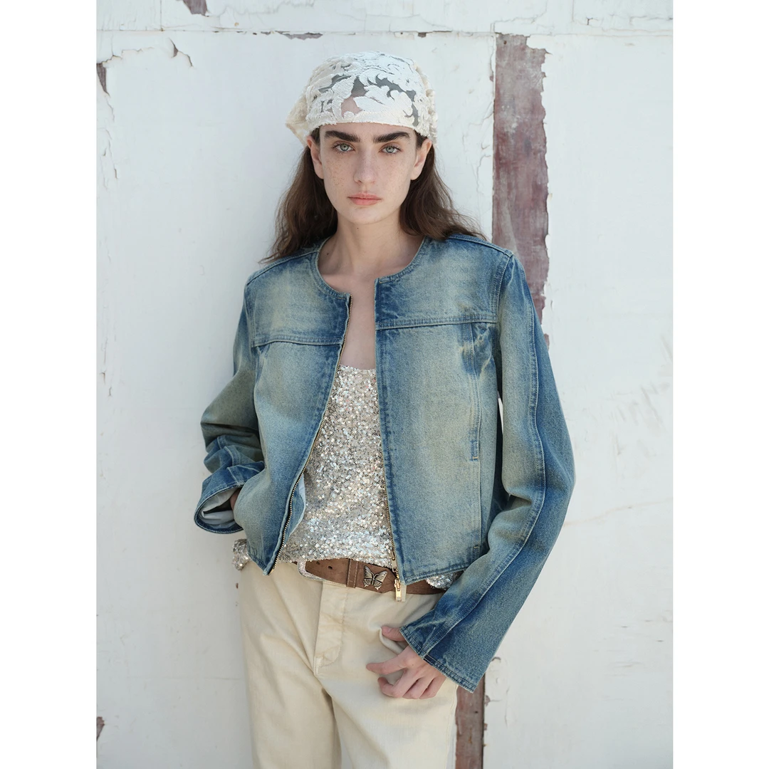 付智恩 美式复古时髦酵素水洗箱型圆领短款分割香风牛仔外套