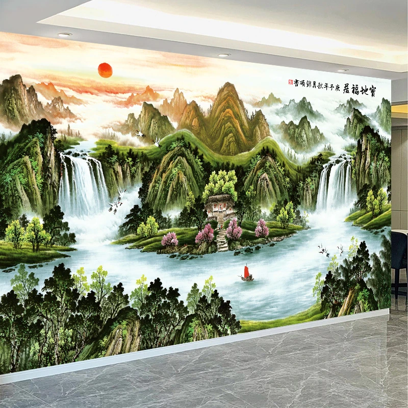 定制电视墙壁画壁纸布3D客厅影视墙纸墙布18d中式宝地福居山水画