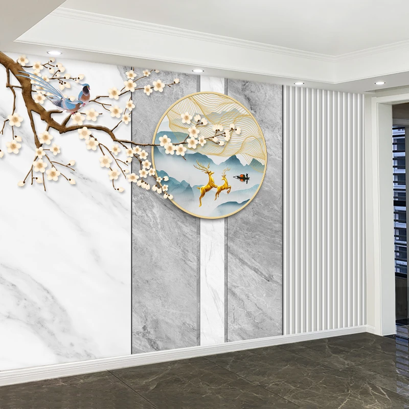 3D电视背景墙壁画8d客厅影视墙沙发墙壁纸18d墙纸新中式花鸟墙布