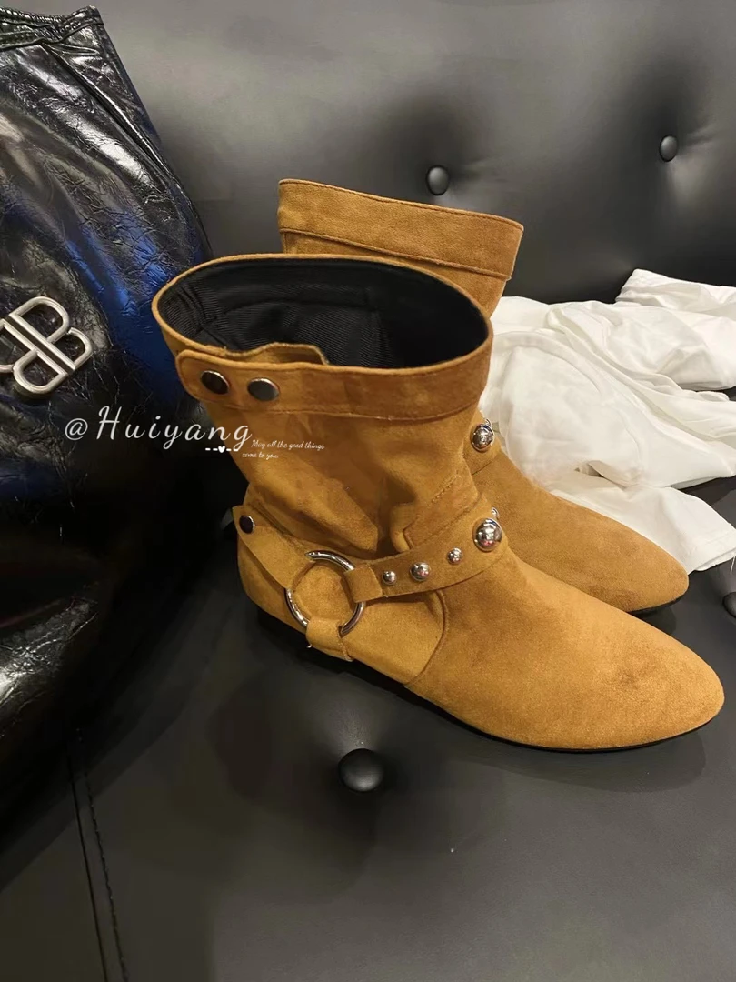 小林｜时尚短靴低跟复古休闲黄靴尖头