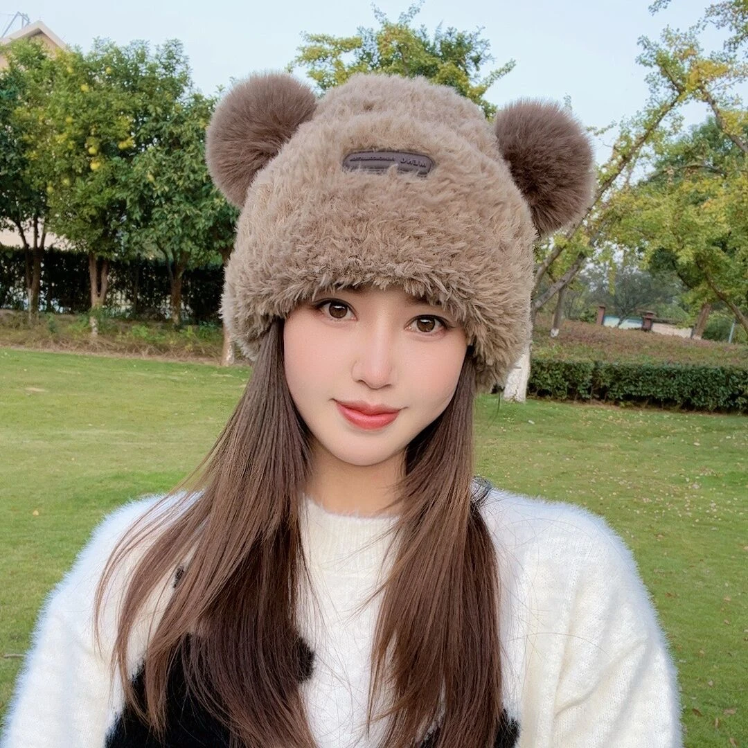 秋冬季毛绒可爱小熊帽子女防风防寒显脸小加厚保暖大头围包头帽