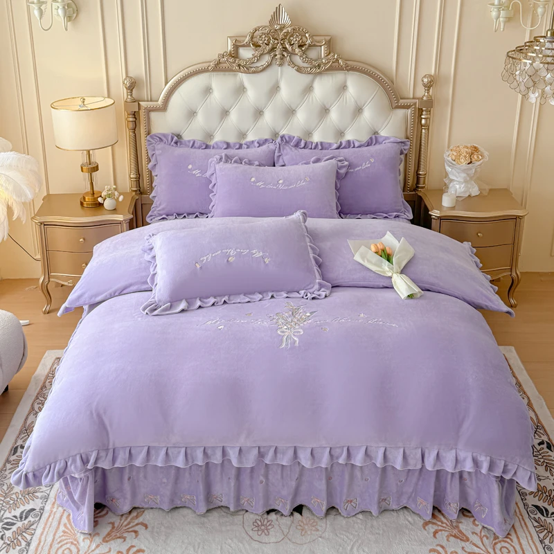 【兰玲花四件套】蚕丝绒刺绣床盖款床品套件加绒加厚绣花公主风