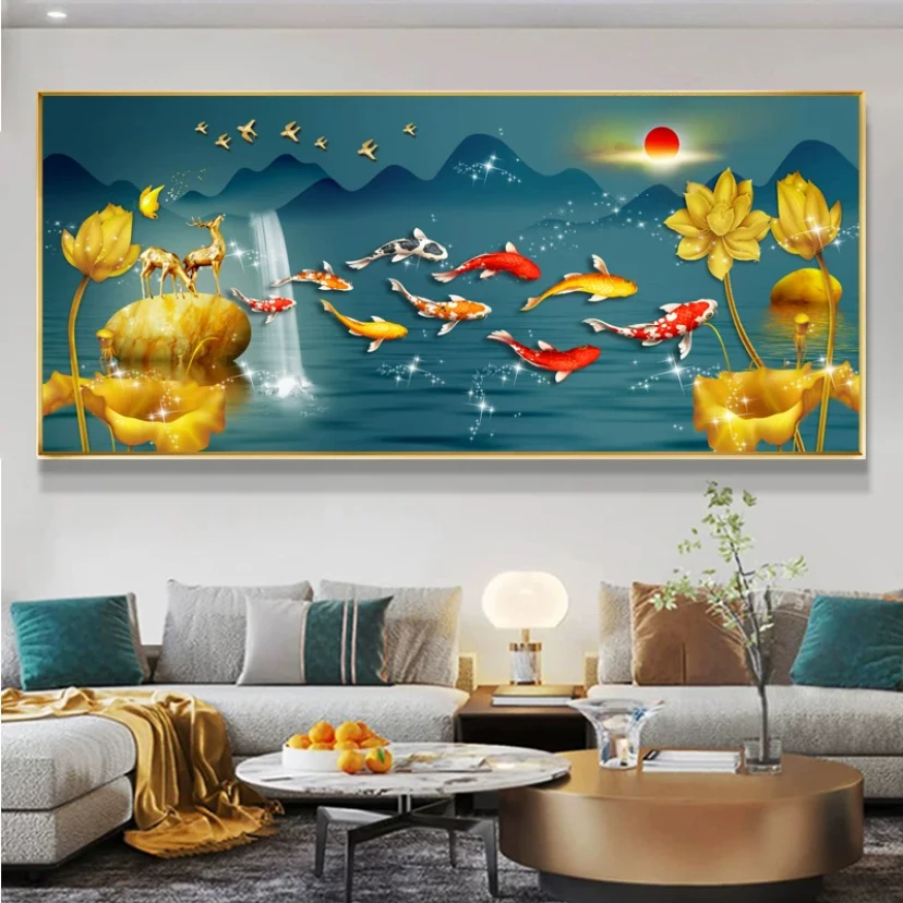 新中式装饰画客厅沙发背景墙九鱼图年年有余寓意好晶瓷挂画