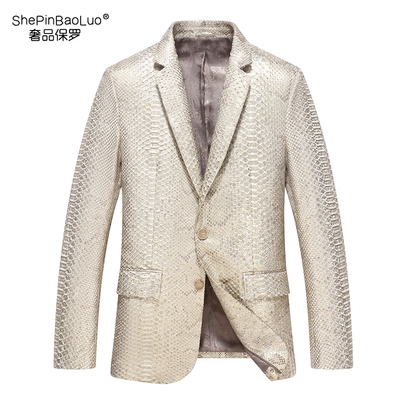 BaoLuoShePin/保罗奢品男士进口蟒蛇皮西装领高端皮衣外套9007