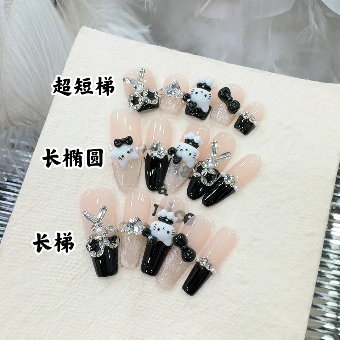 李笑迎穿戴甲 纯手工美甲穿戴甲【AB款】黑白KT猫跳色拼钻蝴蝶结