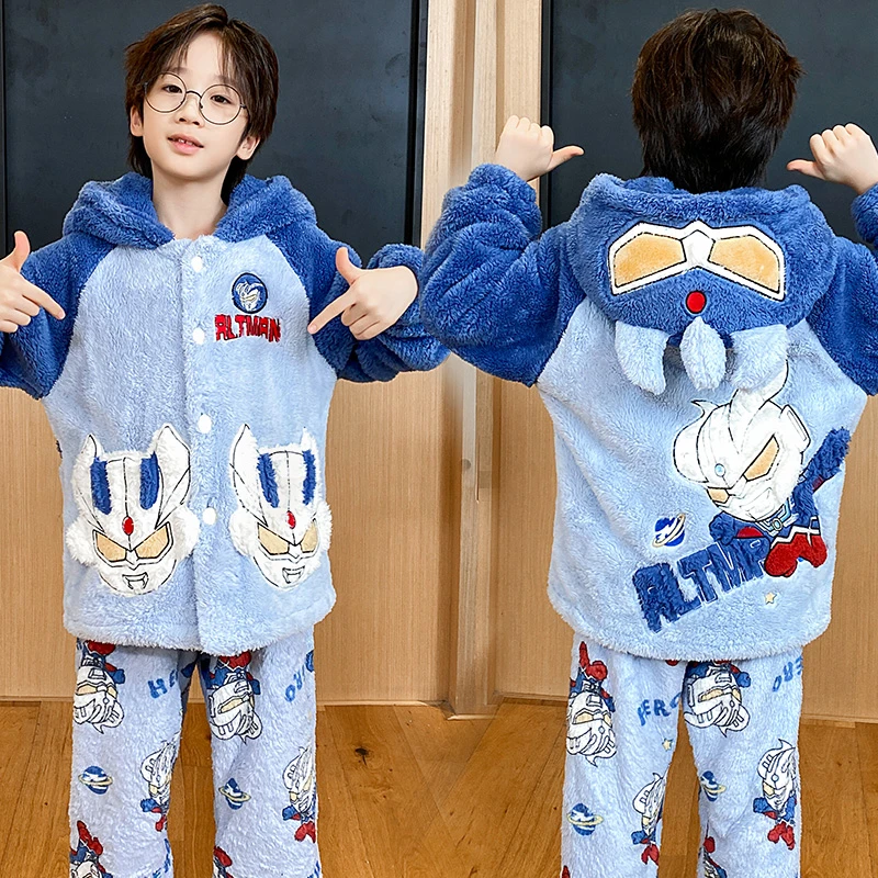 儿童睡衣男童珊瑚绒加绒加厚款秋冬季法兰绒卡通中大童男孩家居服