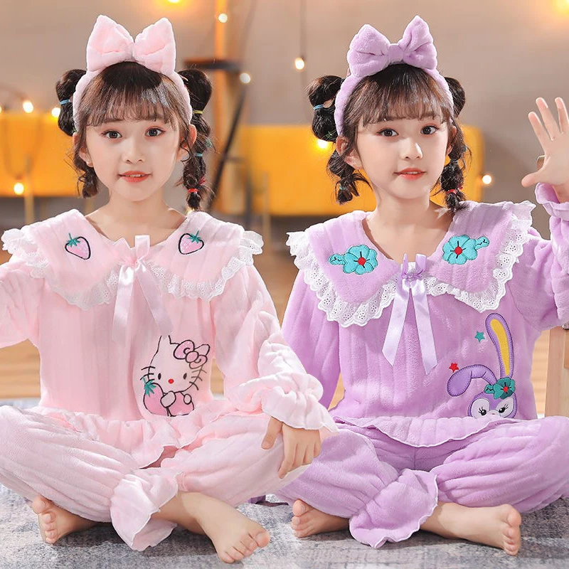 女童法兰绒睡衣加绒加厚女孩珊瑚绒公主家居服儿童中大童秋冬套装