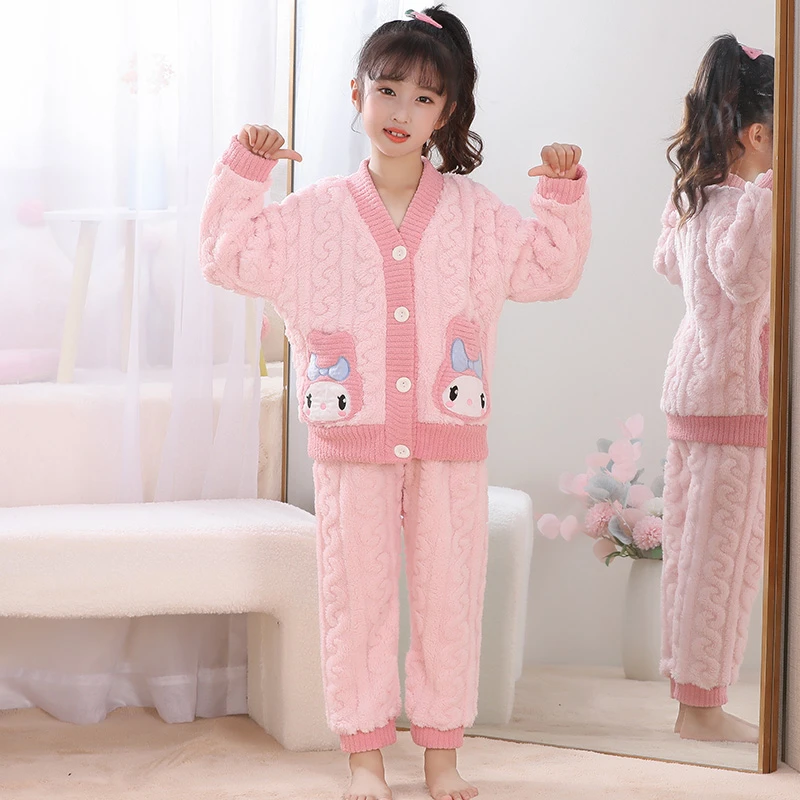女童珊瑚绒睡衣秋冬保暖加厚女孩女宝宝冬款开衫儿童法兰绒家居服