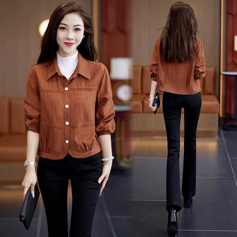 小个子休闲长袖衬衫女2024早秋新款时尚宽松显瘦百搭短款翻领外套