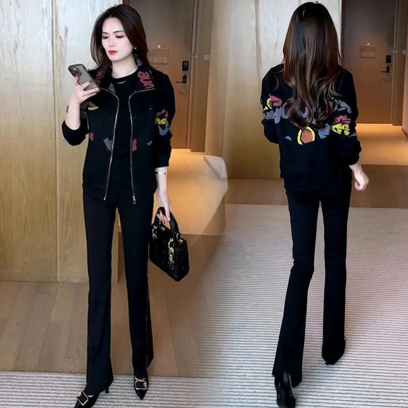 时尚印花短款外套女2024秋冬新款宽松显瘦百搭休闲小个子夹克上衣