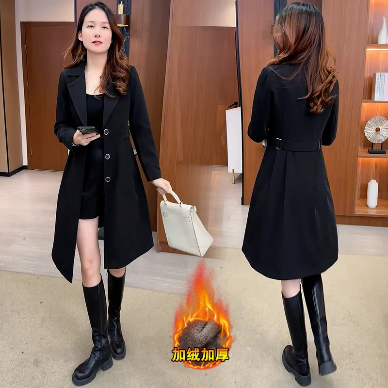 加绒加厚西装领风衣外套女2024冬季新款时尚洋气中长款保暖大衣潮