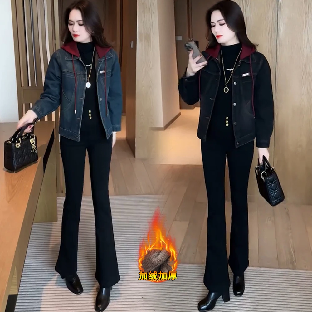 加绒加厚连帽牛仔外套女2024冬季新款洋气显瘦百搭休闲夹克外套潮