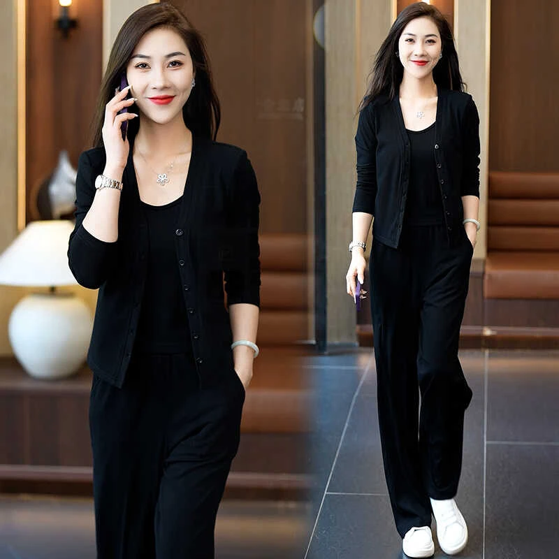 三件套时尚休闲套装女2024秋季新款时尚减龄长袖开衫背心阔腿裤