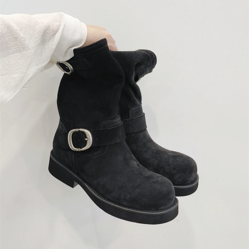 慕林娜 真皮超软糯英伦复古时尚百搭机车靴粗跟短靴堆堆靴女 0828