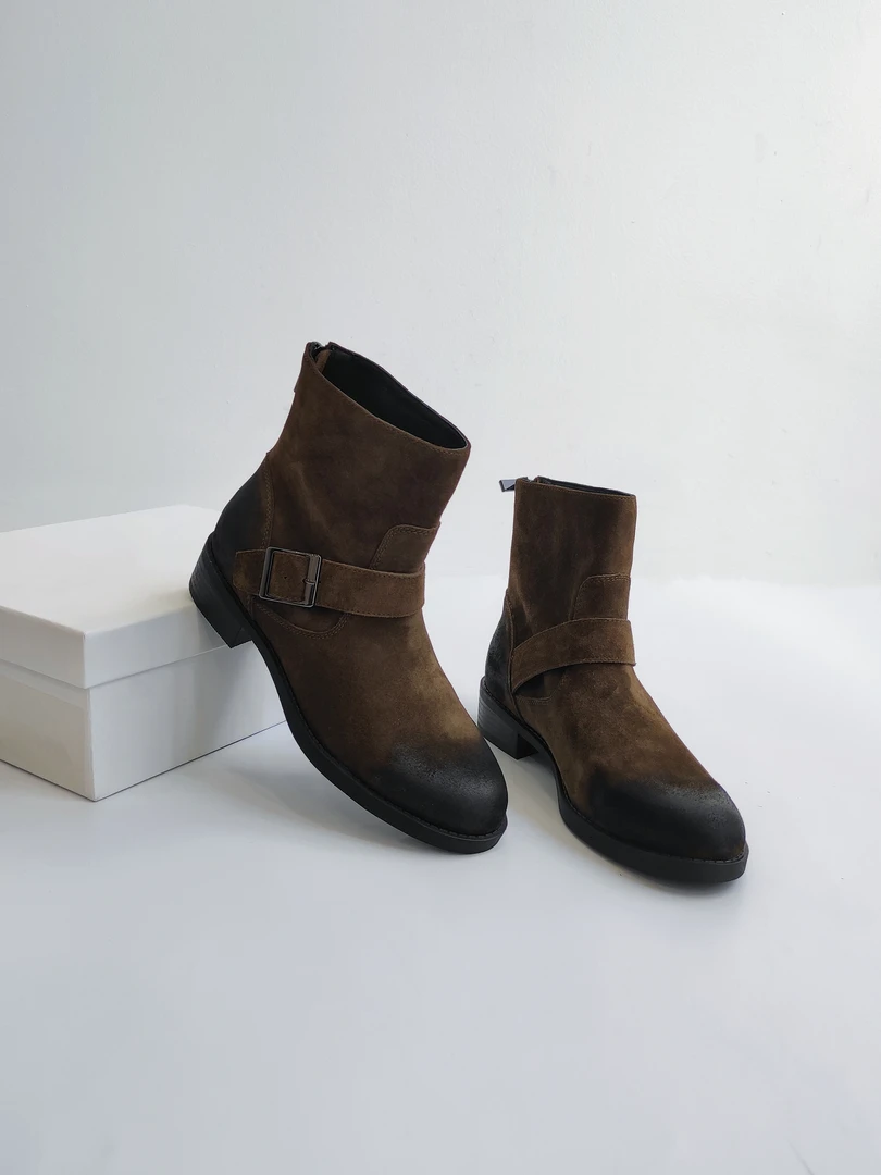 慕林娜 真皮显瘦皮带扣擦色短靴后拉链时尚复古粗跟切尔西靴单靴