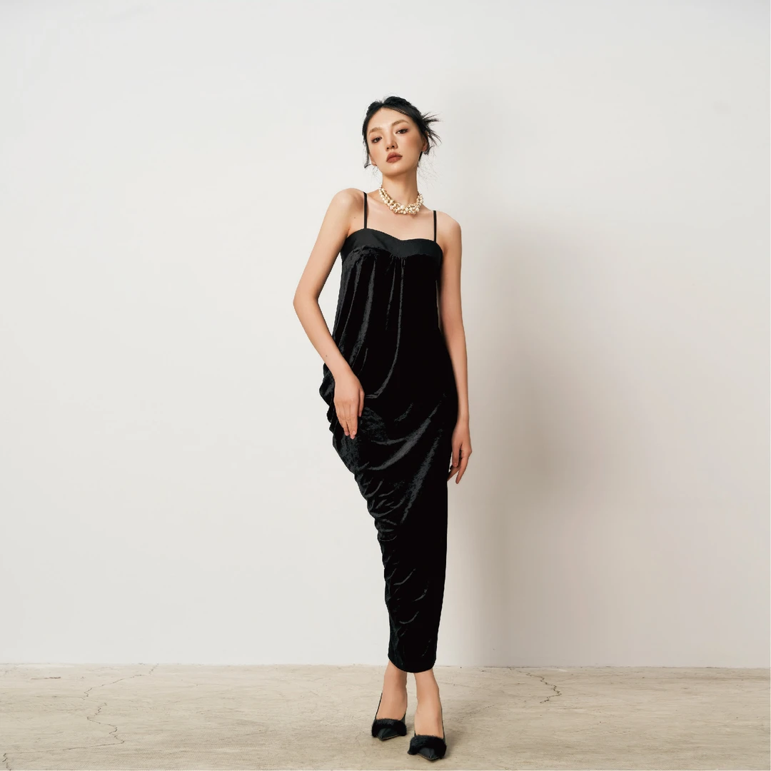 RELATIVO ESTATICO丝绒不对称垂坠连衣裙 法式优雅 显瘦 垂感长款