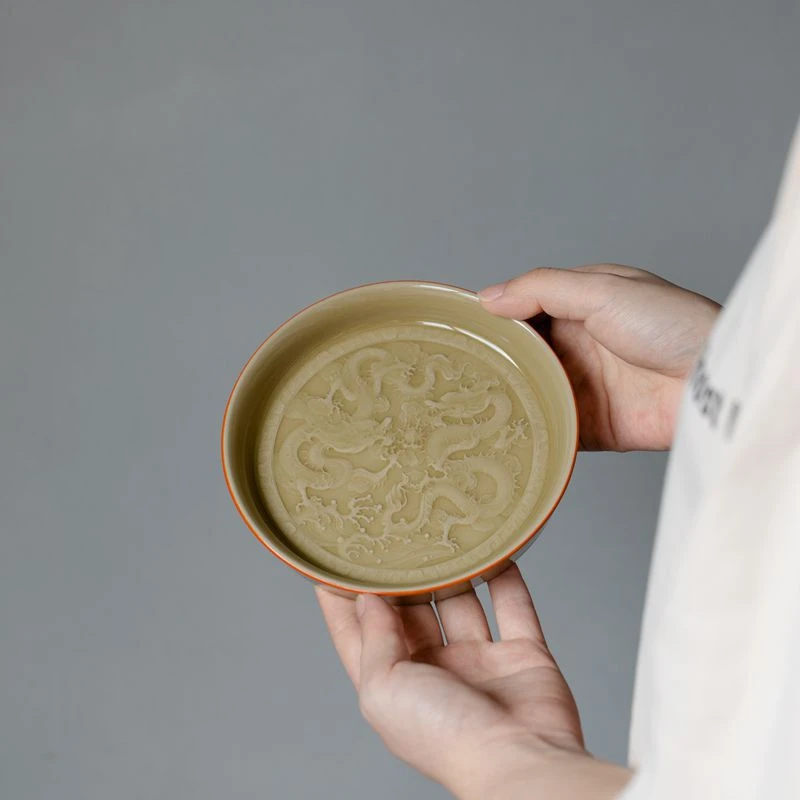 定窑黄手工浮雕壶承茶点盘陶瓷功夫茶具配件壶承手工浮雕复古文器