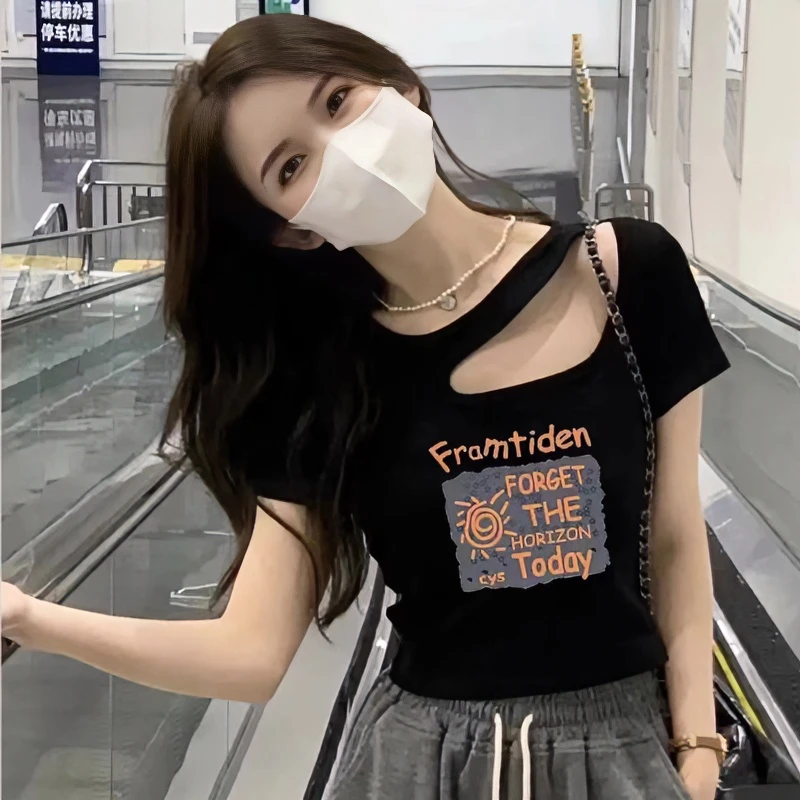 设计感夏季甜辣镂空露锁骨短袖t恤打底衫女修身露肩显瘦百搭上衣