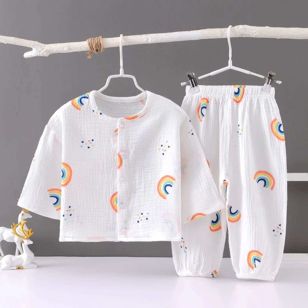 儿童长袖薄款纯棉纱布套装男童女童卡通宽松四季打底宝宝睡衣家居