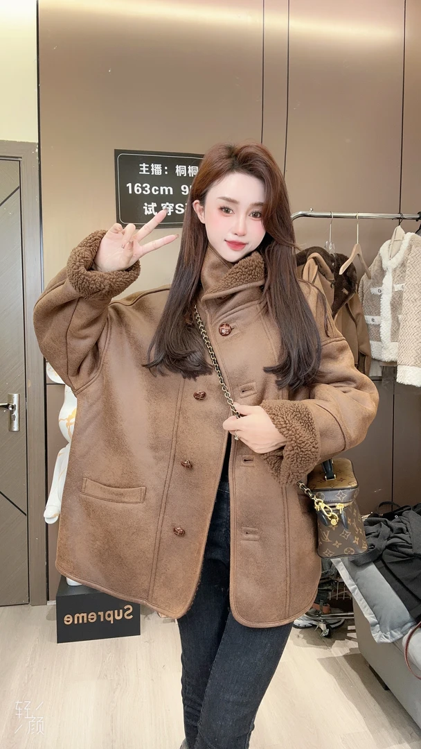 2023新款加绒加厚美拉德复古保暖女外套网红气质