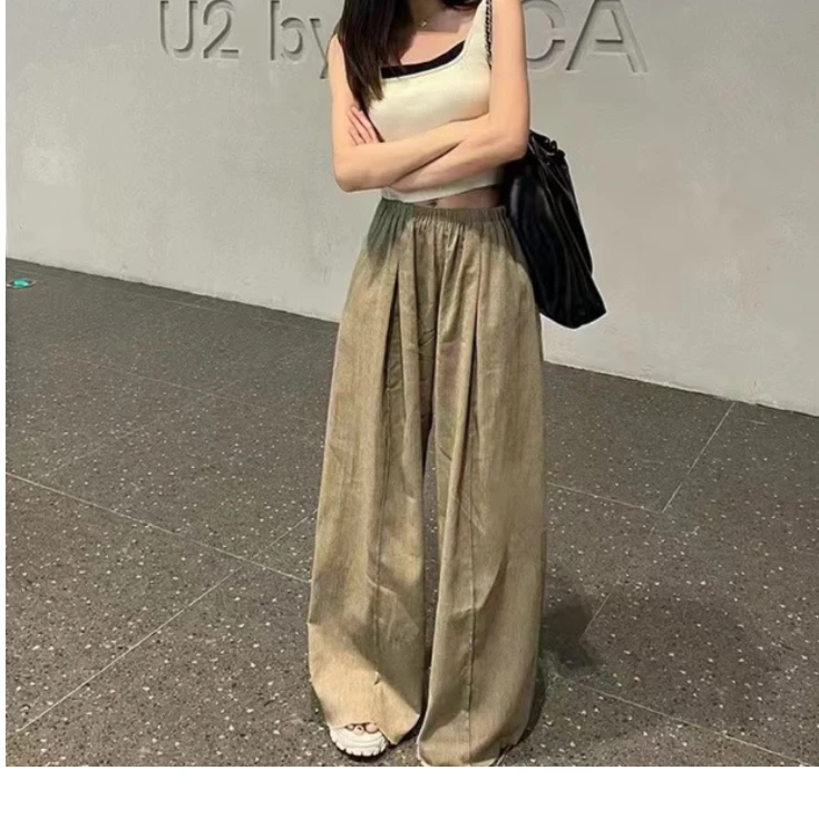果果雅致慵懒风夏季薄款新肌理亚麻高腰垂感阔腿裤-3058