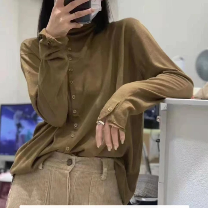 AoQunCaiLian韩版设计感立领十几种扣法百搭小众长袖开衫-8939