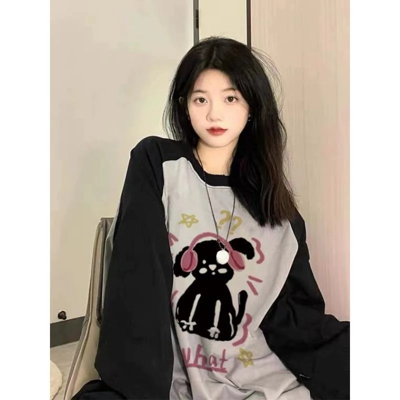 早秋复古猫咪长袖T恤女大码胖MM240斤插肩黑拼灰色薄款打底衫上衣
