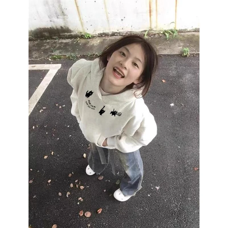 连帽卫衣女纯棉美式复古猫咪秋冬新款加绒加厚学生中长款大码外套