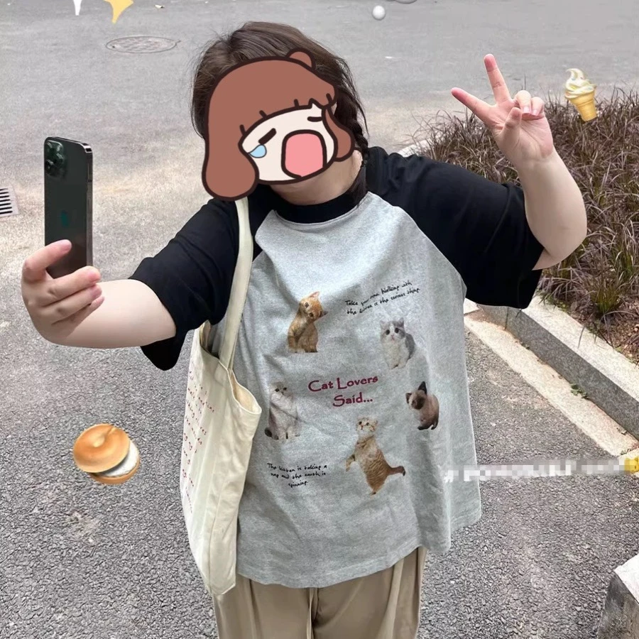 特大码纯棉短袖T恤女胖MM正肩半袖上衣复古猫咪遮肉显瘦拼色情侣