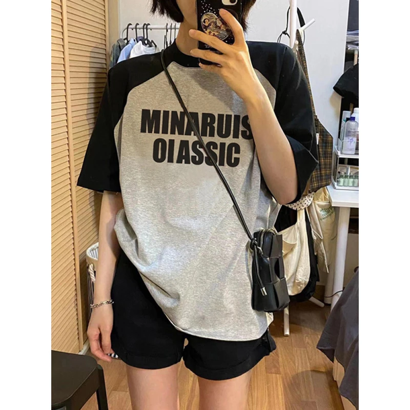 超大码胖MM正肩短袖T恤女遮肉夏季字母拼色显瘦百搭半袖插肩上衣