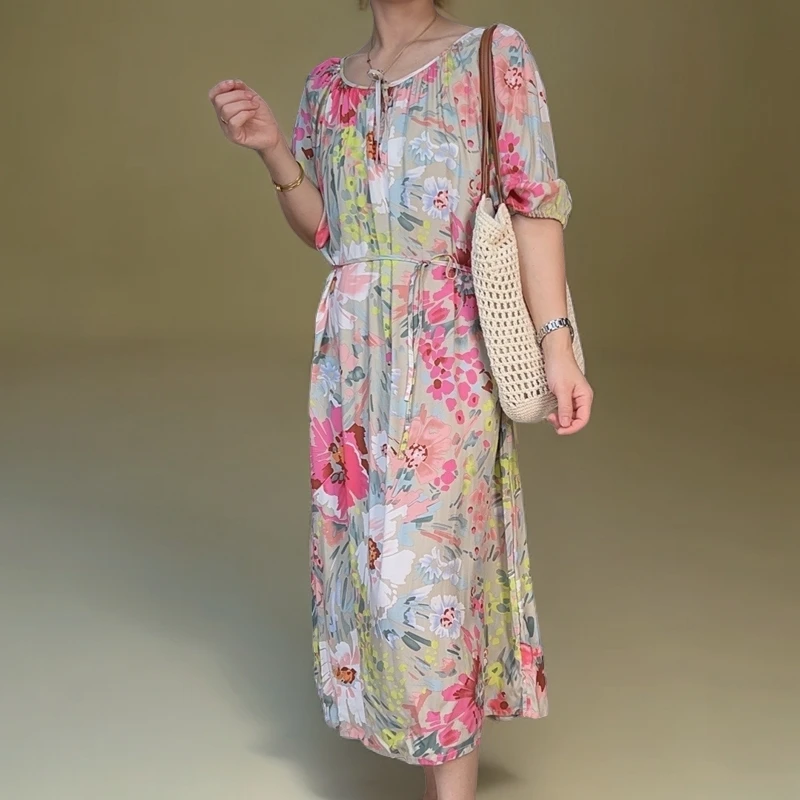 女士夏季棉绸长款睡裙连衣裙时尚显瘦气质七分袖度假风大码居家服