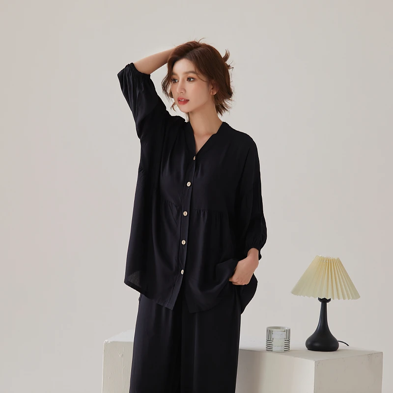 薄款纽扣夏季青年棉绸睡衣家居服套装大码纯色家居服简约长袖