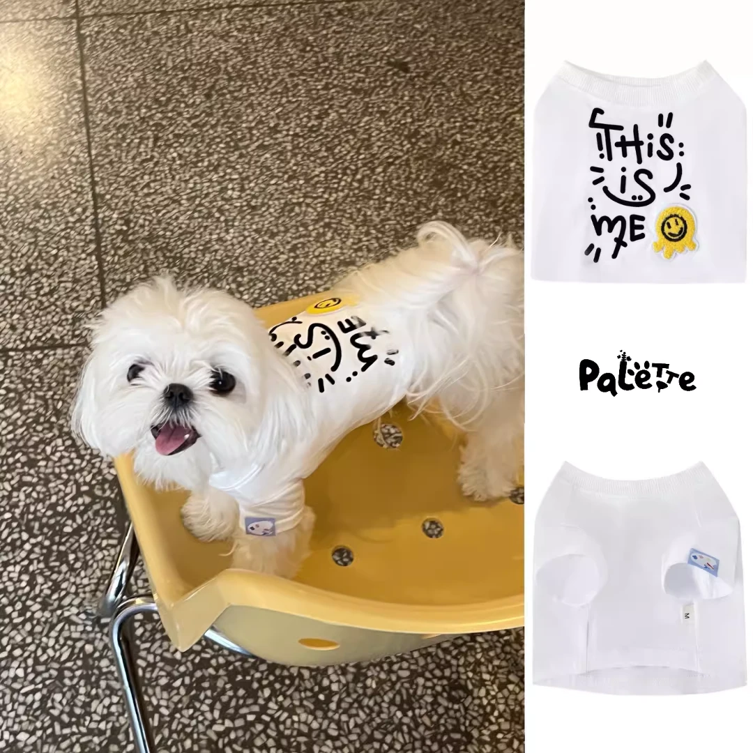 PalettePet春夏宠物薄款猫咪狗狗网红白色涂鸦刺绣植绒笑脸短袖