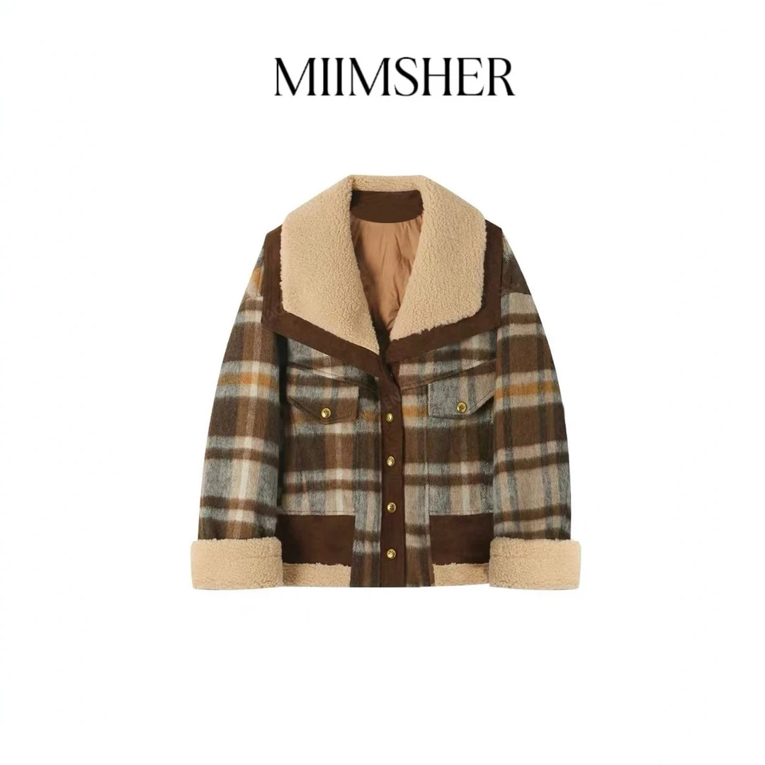 筱筱大翻领撞色格子羊羔毛呢外套小个子女上衣棉服MS248028