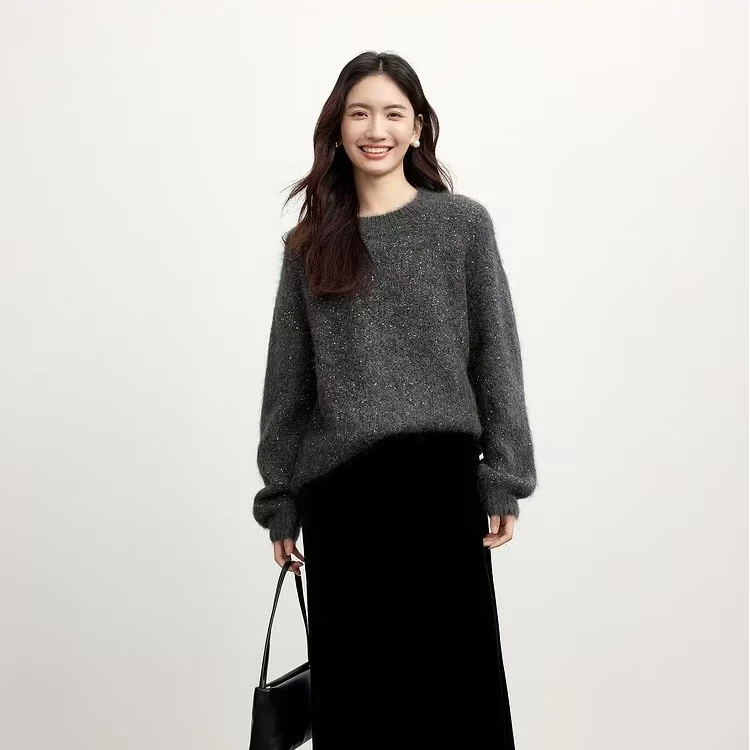 慕沙星河筱筱JIN口马海毛亮片宽松显瘦长袖针织开衫MS244197