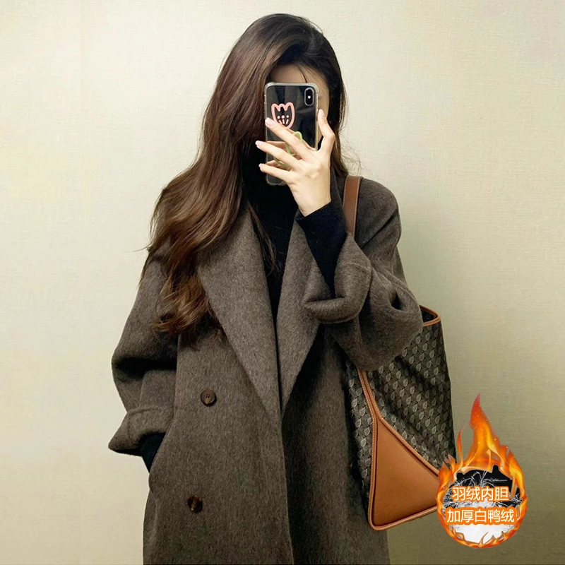 双面呢子大衣女中长款2024秋冬季高级感韩系羽绒内胆加厚毛呢外套