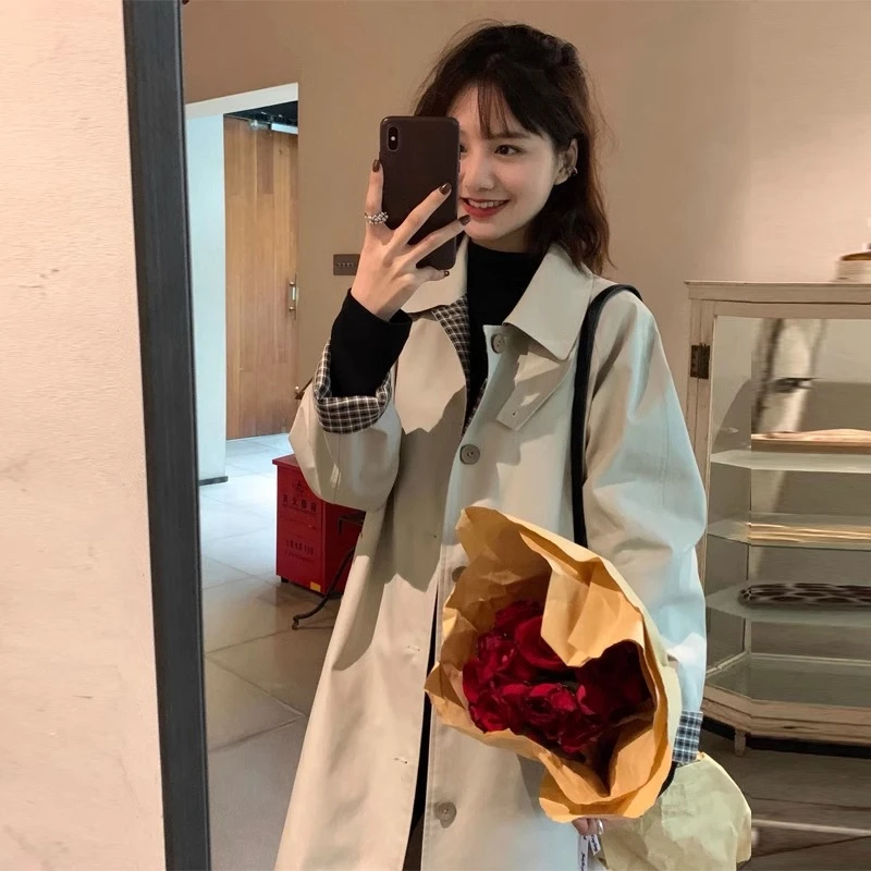 风衣外套女2025秋季新款时尚英伦风小个子中长款翻领格纹休闲大衣