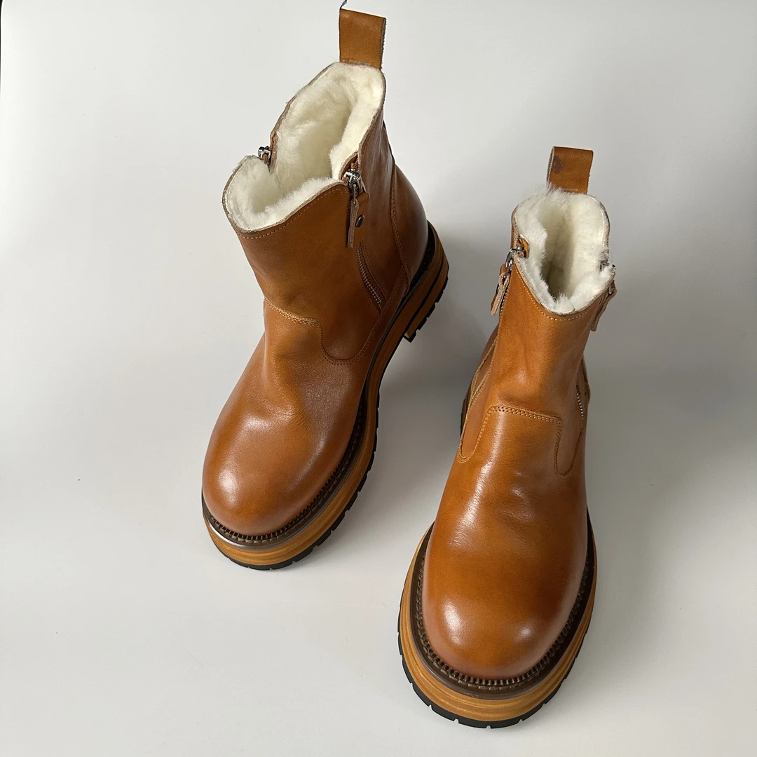 休闲马丁靴男士厚底皮毛一体真皮百搭时尚男靴秋冬保暖圆头加厚冬