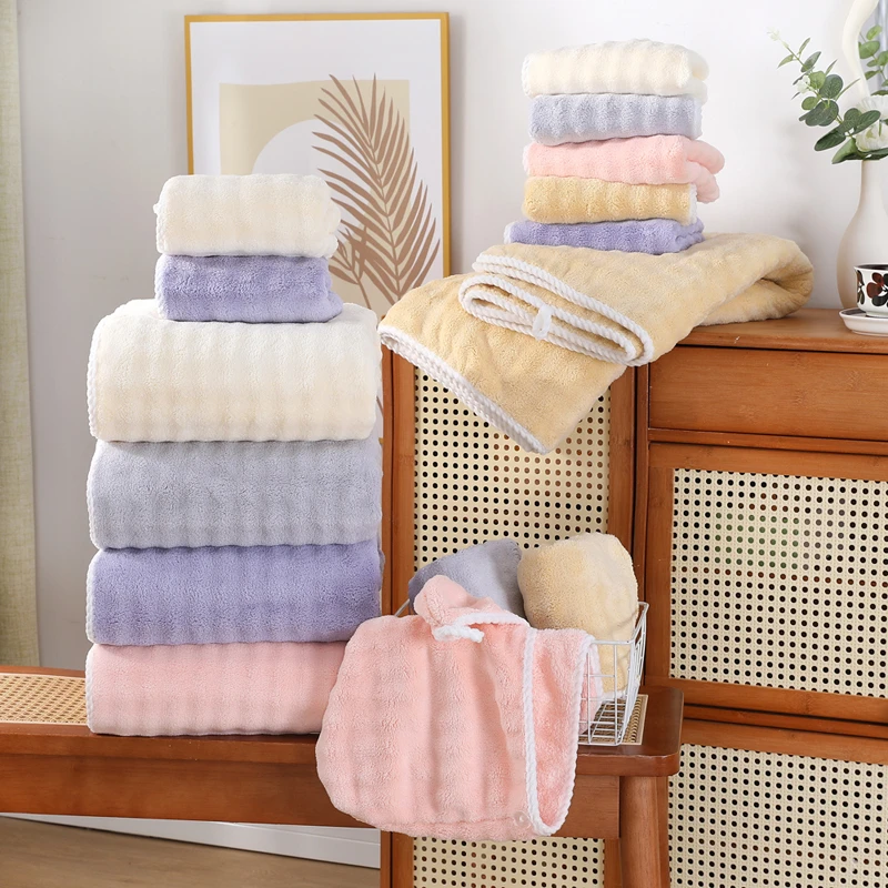 浴巾三件套洗澡速干泡泡绒毛巾泡泡绒浴帽加厚珊瑚绒吸水