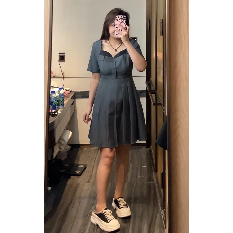 微胖定制【HC510】夏季时尚显瘦遮肉设计感收腰西装连衣裙