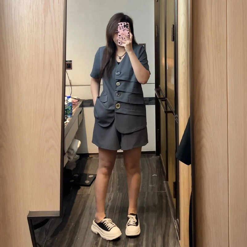 LHC556大码女装时尚套装新款胖mm时尚西装遮肉显瘦上衣短裤