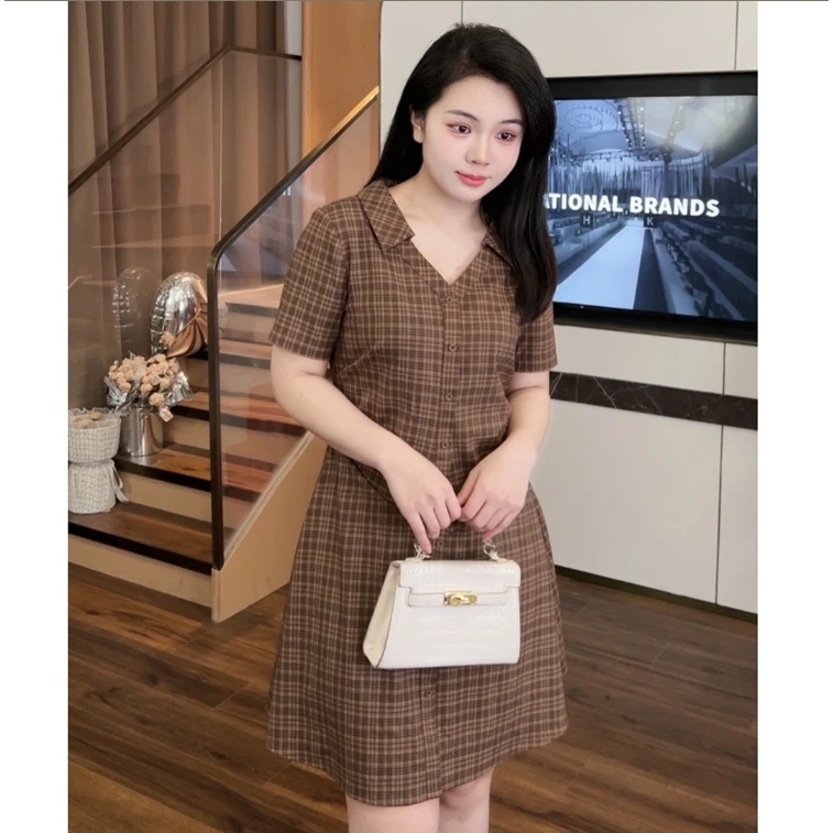 微胖定制【DM429】夏季遮肚气质显瘦咖色格子连衣裙