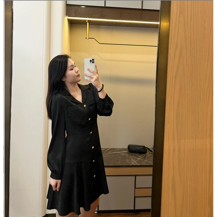 微胖定制【DM053长袖】时尚气质排扣连衣裙