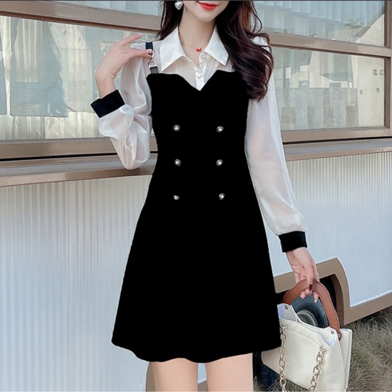 大码女装秋季新款胖妹妹遮肚子洋气时尚拼接假两件连衣裙SX22164