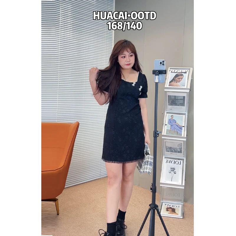 微胖定制~【董小姐】夏季法式复古收腰设计感开叉小黑裙气质HC020