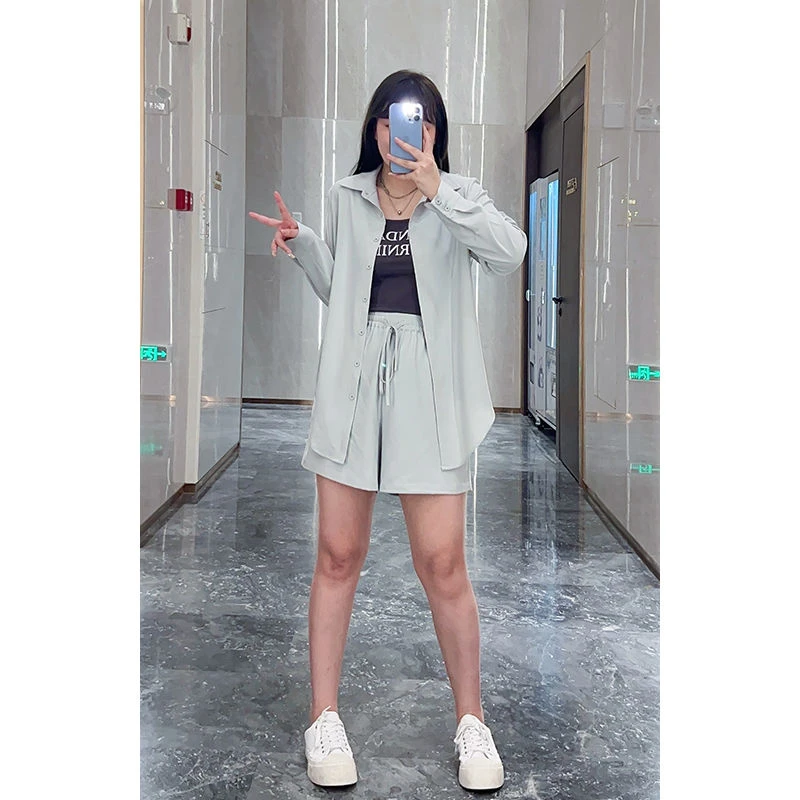 微胖定制套装女春季胖仙女时尚减龄松紧腰短裤衬衣外套HC116